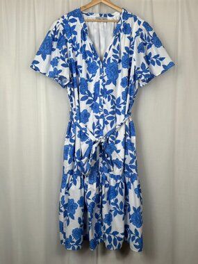Baltic Born Lydie Button Up Midi Dress 3X Floral Blue White Tiered Lined Pockets